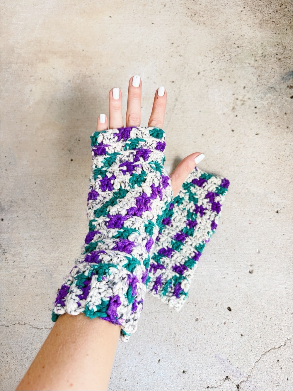 Handmade Crochet Teal, Purple, and White Fingerless Gloves